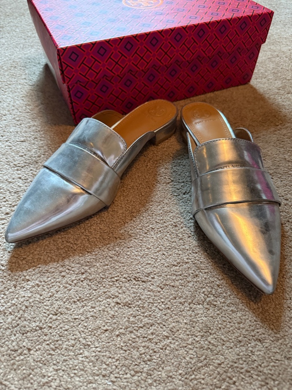 Tory Burch Silver Rosalind Pointed Toe Slip-On Mules